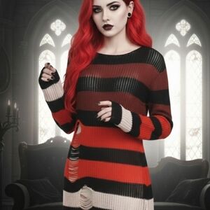 ​🖤 Distressed Gothic Horror Striped Knit Maxi Sweater 🖤
